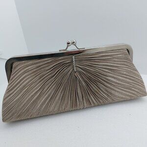 Beige Color Satin Evening Clutch Bag With Rhinestones